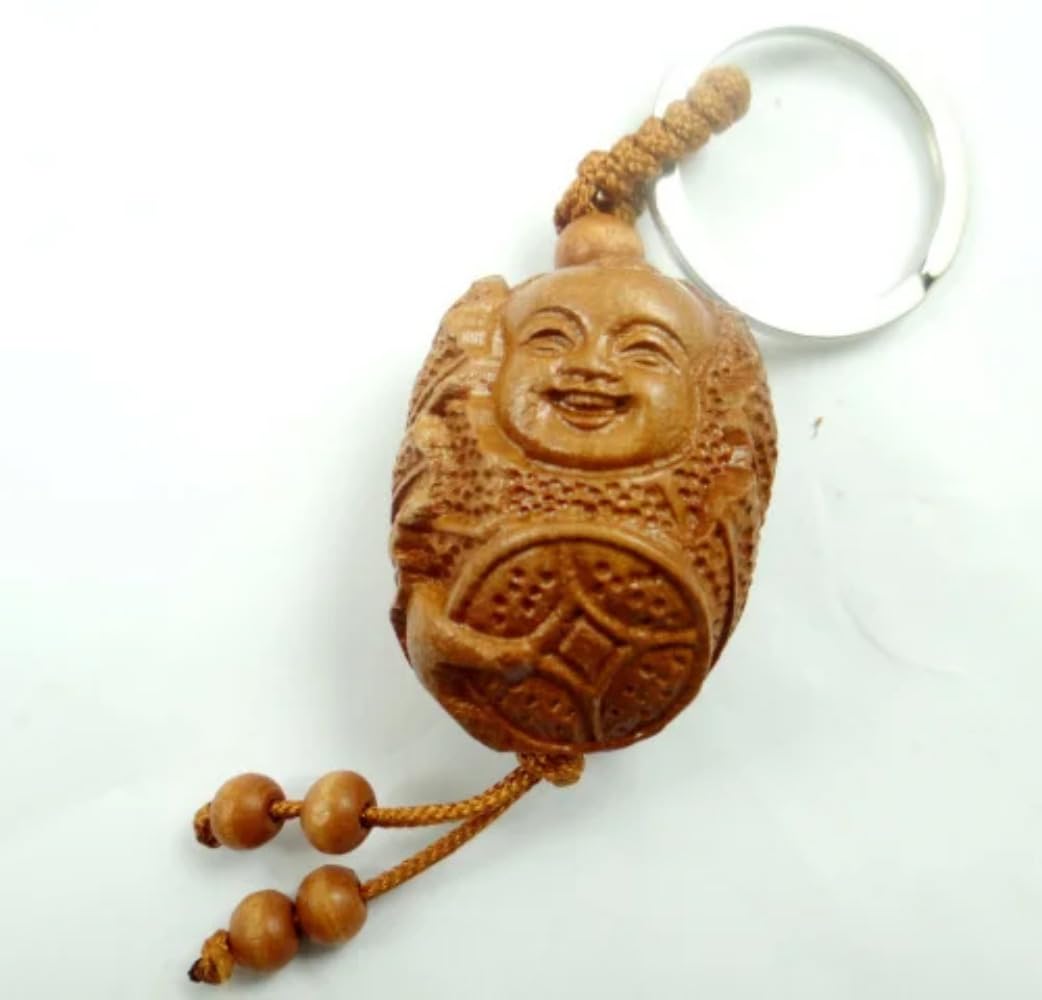 Mahoniowy trójwymiarowy grawerowany breloczek wisiorek Budda