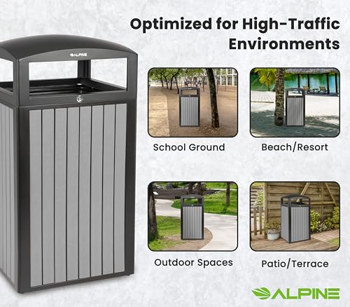 Image of Alpine 40 Gallon Commercial Outdoor Trash Can with Lid - Modern Heavy Duty Large Outdoor Garbage Can with Durable Plastic Bin, Slatted Recycled Plastic Panels for Patio, Parks, Trails & Resorts (Grey)