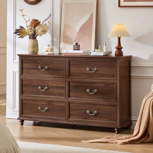 Joaxswe Farmhouse 6 Drawers Dresser for Bedroom Vintage 54 Wide Chest of Drawers w/ 4 Wooden Legs Rustic Large Closet Storage Dressers Organizer for Hallway Wood TV Stand for Living Room Brown