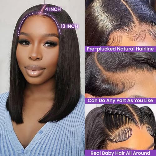 Bob Wig Human Hair 13X4 Lace Front Wigs Human Hair 150% Density Short Straight Frontal Bob Wig HD Transparent Lace Frontal wigs Pre Plucked for Women Glueless Wigs With Baby Hair Natural black 10 Inch - Image 4