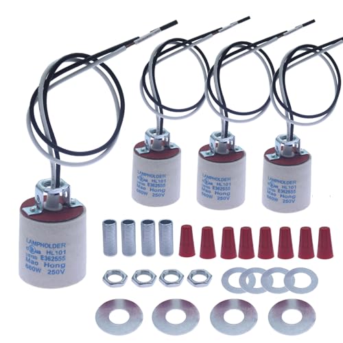 Odlamp E26 E27 Ceramic Light Socket Standard Medimun Base Screw Lamp Holder Bulb Socket with 12' Wire Lead for Halogen Incandescent Led Light Bulbs Replacement (4pcs)