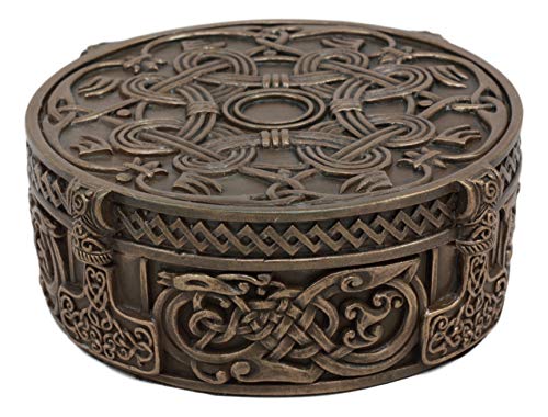 Ebros Bronze Colored Resin Norse Old Gods Viking Knotwork Thor Hammer Mjolnir Small Jewelry Storage Round Box Figurine 4.75 Inch Diameter Stash Container Box Keepsake #TOP3