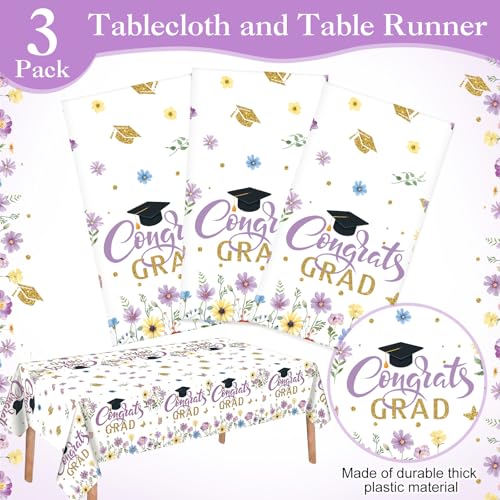 Image of Ganeen 3 Pcs Graduation Tablecloth Floral Class of 2026 Congrats Grad Table Cloths Purple Disposable Plastic Rectangle Table Cover for 2026 Graduation Decorations Grad Party Supplies, 54 x 108 Inch