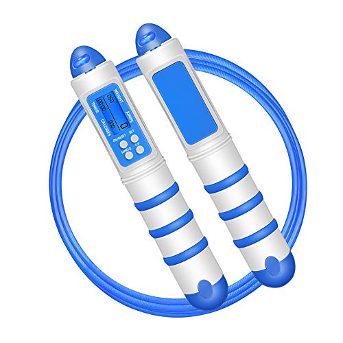 Maxjaa Cuerda de Saltar Cuerda de Salto Digital de 2,9 m / 9,5 pies Contador de calorías Cuerda de Saltar Ajustable sin enredos con recordatorio de Alarma para niños Adultos (Azul)