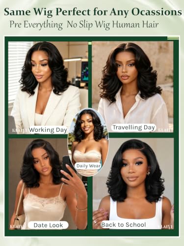 Image of KLAIYI Layered Blowout Bob Wavy Pre Cut 7x5 Lace Front Wigs Human Hair 14 inch