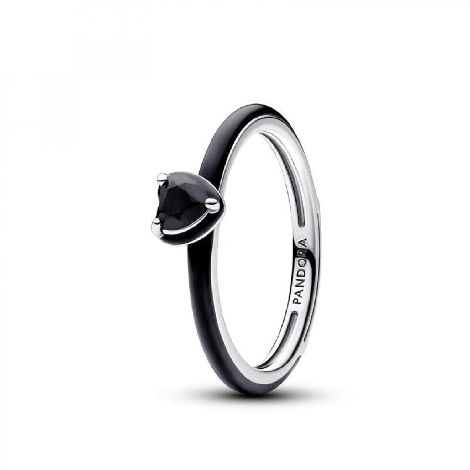 PANDORA ME Anello con cuore in argento 9 con cristallo nero e smalto nero, 54