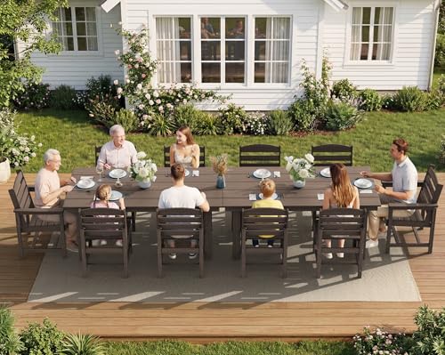 Image of SERWALL 7-Pc HDPE Patio Dining Set, 1 Table & 6 Armless Chairs, Coffee | HDPE Outdoor Dining Set with Rectangular Table & 6 Armless Chairs, All-Weather Resistant SERWALL Dining Set for 6