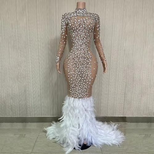 Tulle Half Transparent Rhinestone Sparkly Prom Dress Women's Feather Long Ball Celebrity Gala Pageant Evening Party Gown2