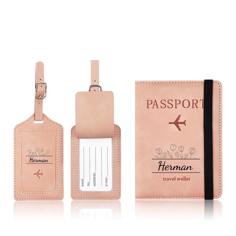 Personalized Passport Holder and Luggage Tag Set – Custom Name Travel Wallet for Women & Men – Cute Leather Passport Cover with Airplane Design –