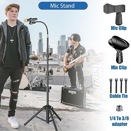Image of Kereal Microphone Stand - Black, Metal, Gooseneck, Adjustable Height 21 inch to 75 inch, Portable, 2 Mic Clips, Phone Holder, For Studio, Stage, Karaoke, DJ, Kids