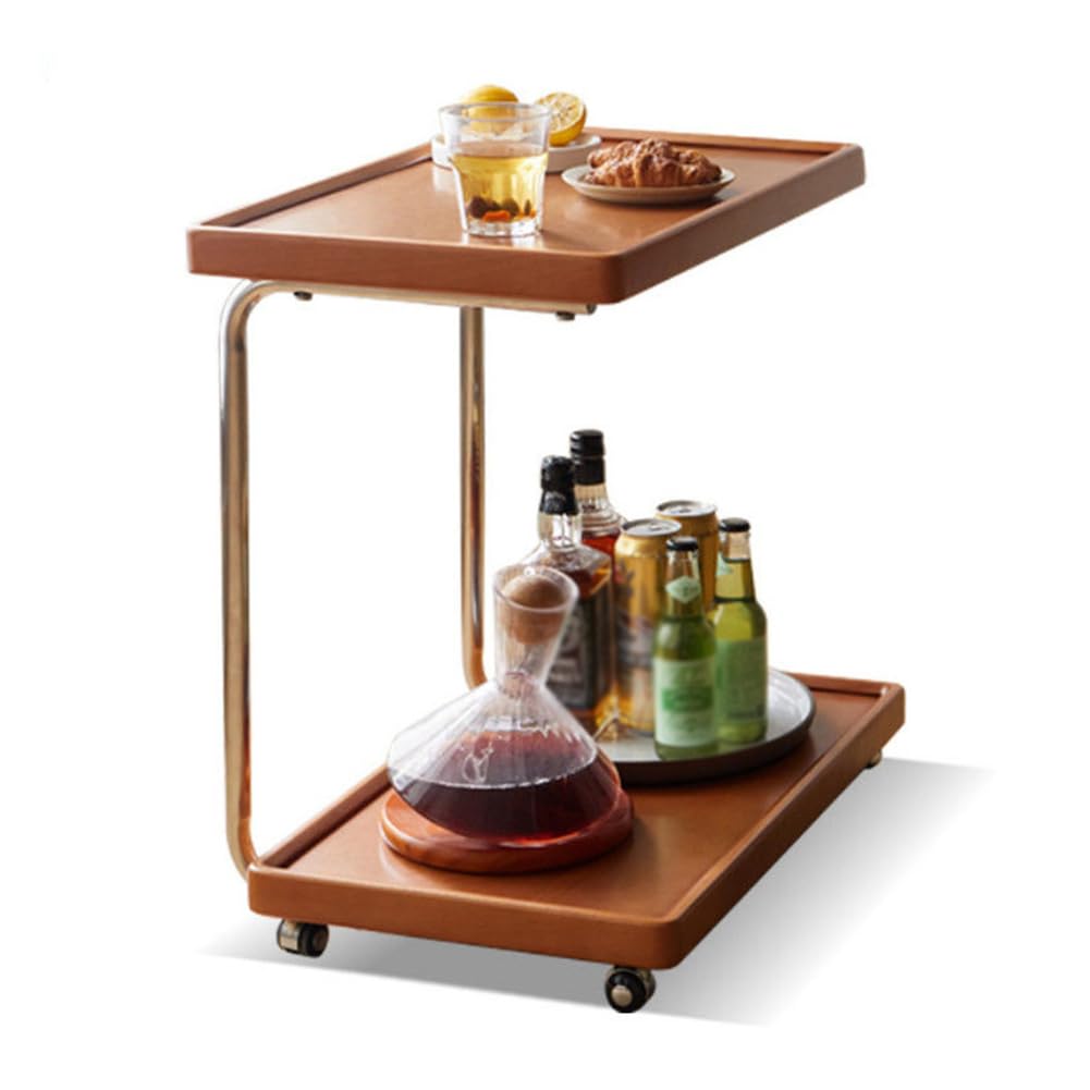 SXZenSpace C Shaped TV Tray Side Tables with Metal Frame, 2 Tier Solid Wood Small End Table Rolling Wheels,Couch That Slide Under