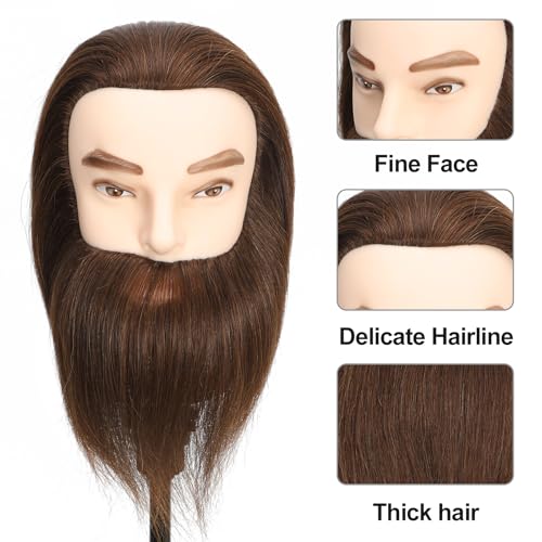 Männlicher Mannequinkopf, Trainingskopf mit 100 % Echthaar, Friseurpuppenkopf, Trainingspuppenkopf für Haarstyling und Praxis (mit Bart, dunkelbraun)