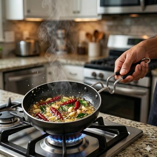 Image of LAZYwindow Iron Tadka Pan 12 cm with Insulated Steel Handle, Black | Insulated steel handle for a secure and comfortable grip