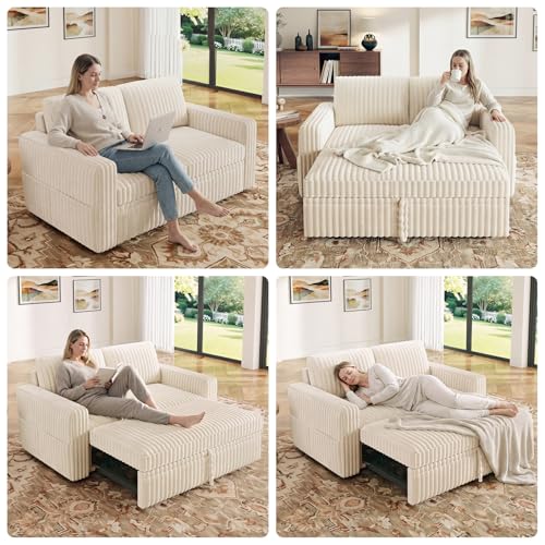 Image of HONBAY Modular Pull Out Sofa Bed,Corduroy Loveseat, Couches for Living Room,Beige