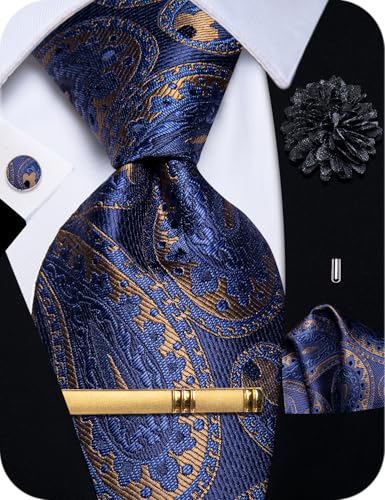 Image of YourTies Silk Paisley Floral Tie and Pocket Square Cufflinks with Lapel Pin Sets for Men 5PC Wedding Party