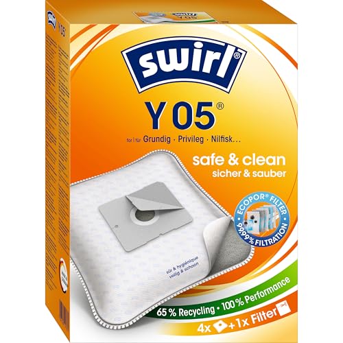 Swirl Y 05 EcoPor Staubsaugerbeutel (4 Beutel), reißfeste Staubbeutel für einige Grundig, Privileg & Nilfisk Staubsauger, 99,9% Filterung von Hausstaub & allergenem Feinstaub