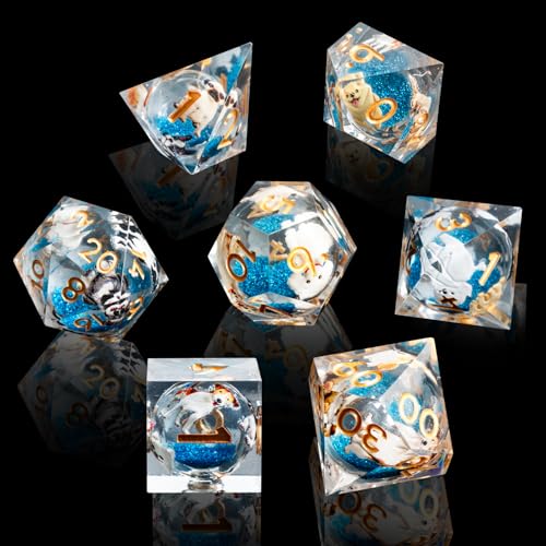 Liquid Core Flower DND Dice Set,7 PCS Resin Polyhedral Dice Set for Dungeons and Dragon RPG MTG Table Game (Blue)