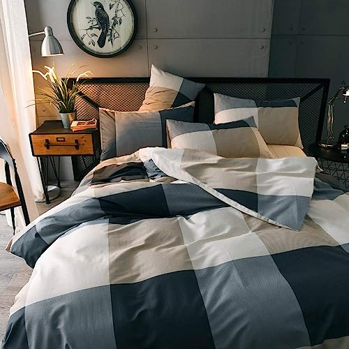 Lifetb Cotton Plaid Duvet Cover Full Size Geometric Grid Checkered Bedding Sets Full Modern Style 3 Piece Plaid Comforter Cover For Men Women Cotton Grid Duvet Cover Full Bedding Sets With Zipper Ties thumb #2
