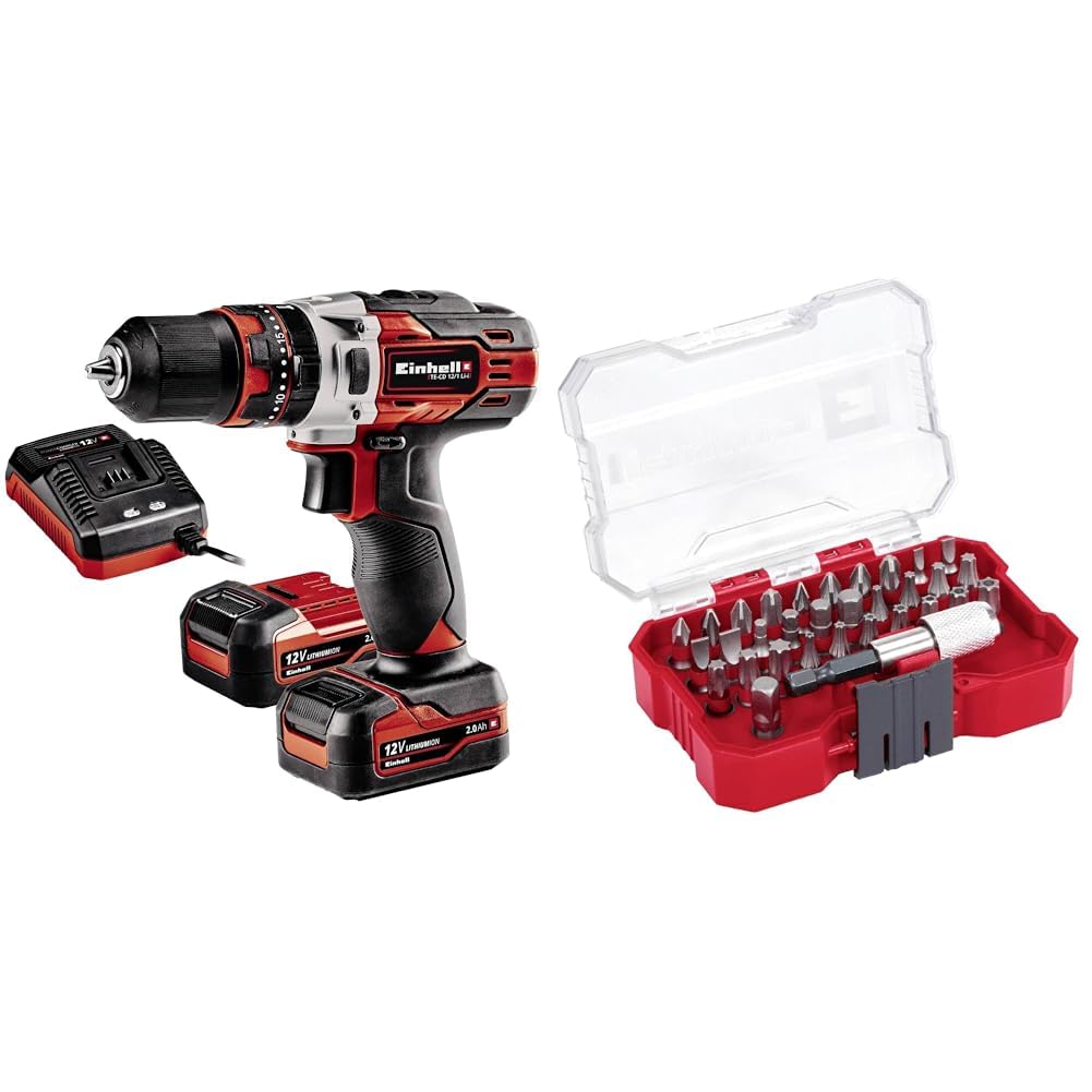 Einhell TE-CD 12/1 Li-i (2x2,0 Ah), Akülü Darbeli Vidalama + Einhell Vidalama uç seti 32 parça, XS-CASE kutu