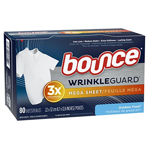 Bounce WrinkleGuard Mega Dryer Sheets Fabric Softener and Wrinkle Releaser Sheets Outdoor Fresh Scent 80 Count