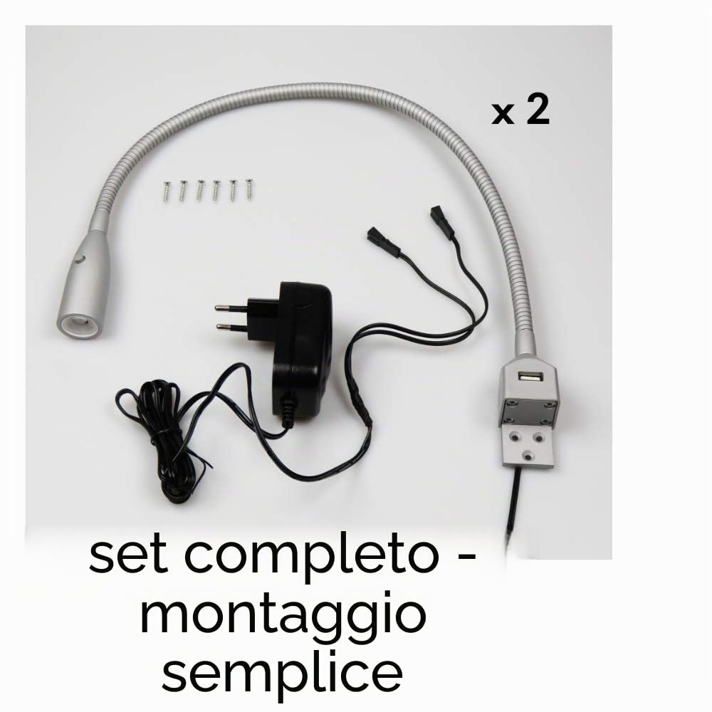 Lampada flessibile da letto a LED/Lampada da lettura a LED con funzione di ricarica USB integrata alluminio anodizzato/grigio argento, selezione: set da 2 pezzi in grigio argento