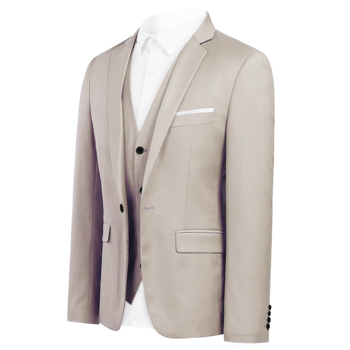 Sliktaa Traje formal de 3 piezas para hombre, con un botón, solapa con muescas, traje de boda, blazer y chaleco, beige, M