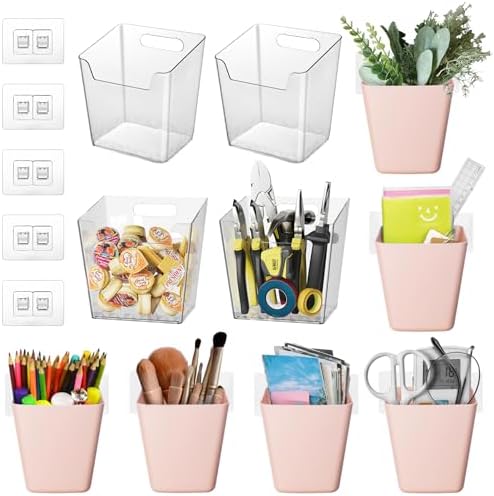 LIGHT DUST Adhesive Wall Storage Bins 10 Pack, 4 Large Clear & 6 Pink Pen Holders, Hanging Wall Mount Pockets, Plastic Cups for Shower Bathroom Makeup Office Craft Remote Kitchen Sink RV Organization image 5