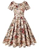 MINTLIMIT Women's Rockabilly Cocktail Dress Retro Swing 50s Short Sleeve Round Neck Vintage Dresses for Women (Floral Apricot - Size 2XL)