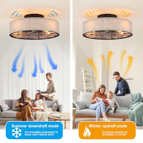 20 Inch Caged Ceiling Fans with Lights Flush Mount,Low Profile Fabric Farmhouse Bladeless Ceiling Fan with Remote, Farmhouse White Ceiling Fan for Bedroom,6 Speeds Reversible Silent Fandalier