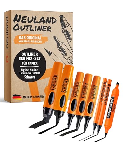 Neuland Outliner-Set I 8er Mix-Set in Schwarz mit verschiedenen Spitzen I Nachfüllbare & ergonomische Permanentmarker I Ideal für sattschwarze verwischfeste Konturen in allen Formaten