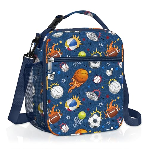 Clastyle Sport Ball Graffiti Insulated Kids Lunch Bag Large Thermal Cooler Bag for Boy Blue Picnic School Lunch Box Tote,Baseball
