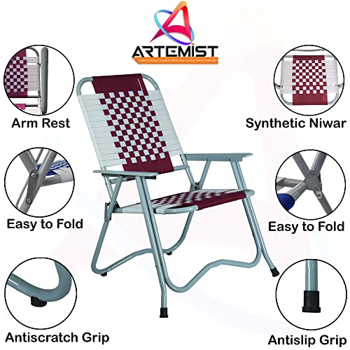 Image of ARTEMIST Foldable Stripe Chair with Arm Rest Portable Chair with Durable Folding Frame, Ideal for Garden, Patio, Lawn, Balcony (Maroon,Chromium Steel)