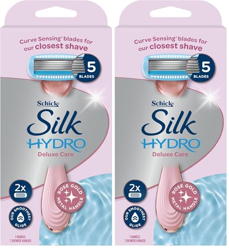 Schick - Silk Hydro| Deluxe Care Razor | Handle with 2 Refills | Rose Gold Metal Handle | 5 Blade Razor | Curve Sensing Blades | Close Shave | Smooth Glide | Shea Butter | Shower Hanger​ (Pack of 2)
