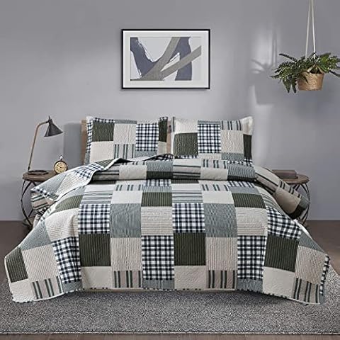 King Size Plaid Patchwork Quilt Set Cover