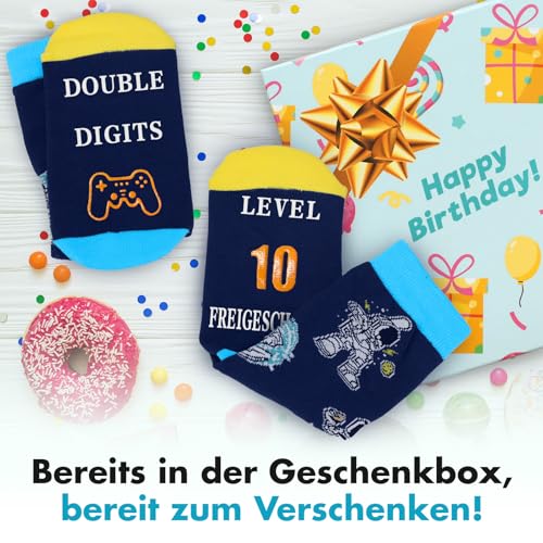ZENO Lustige Socken Jungen – Geschenk Geburtstag 10 Jahre, Coole Socken Kinder, Gaming-Design für Jungen, Baumwolle, Größe 33-36, 'Level 10 Freigeschaltet