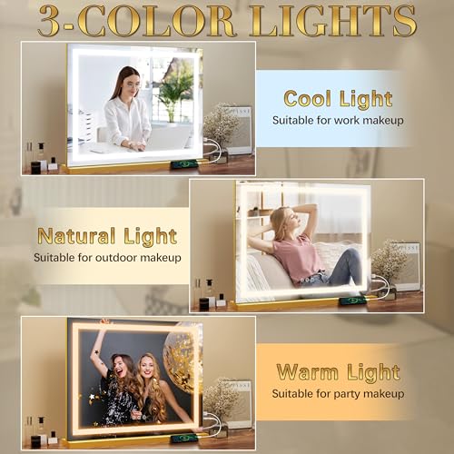 Image of ROLOVE Gold Vanity Mirror with Lights 23x18 Inch, 3-Color Dimmable LED & Touch Control - Large Makeup Mirror for Dressing Room (Wall /Tabletop Mount)
