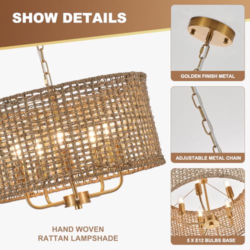 Image of 19.7 inch Gold Rattan Chandelier, 5-Light Boho Wicker Light Fixture | Hand-Woven Rattan Pendant Light; Adjustable Chain; Farmhouse Basket Drum Chandeliers for Dining Room, Kitchen Island, Bedroom