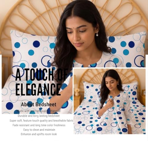 Image of IVAZA 240 TC Soft Ezyption Cotton Floral Print Single Bed Bedsheet - with 1 Pillow Covers, Hypoallergenic, Brethable, (Size- 60 x 90 Inch | White Blue