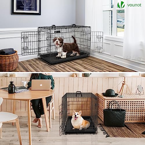 VOUNOT Hundekäfig Klappbar mit Abdeckung, Hundebox Auto Hundetransportkäfig mit Doppeltüren, 2 Transportgriffen & Bodenschale, L 92x58x64 cm, Schwarz