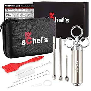 eChef’s Meat Injector – 304 Stainless Steel, Meat Injector Syringe with Case, 2-oz Large Meat Injectors for Smoking, 3 Marinade Injector Needles for BBQ Grill, Magnetic Meat Smoking Guide