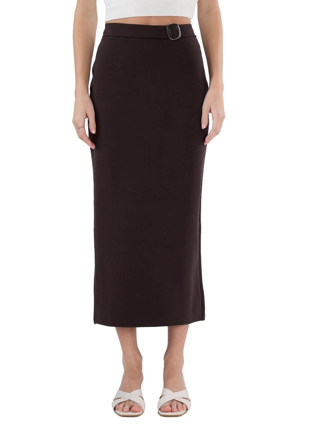 globus Women Brown Mid Rise Back Slit Pencil Midi Workwear Skirt-picture-31