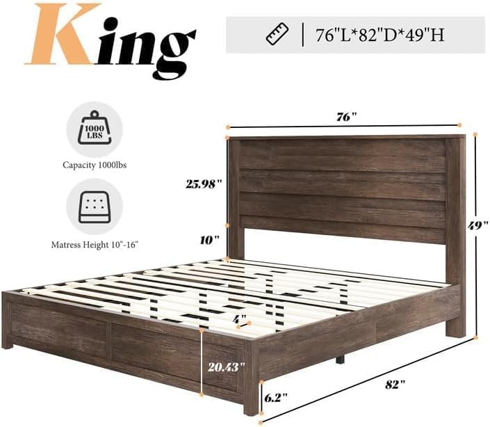 Image of AMERLIFE Farmhouse King Bed Frame with 49 inch Fluted Headboard | Grey Wood Platform Bed, Natural Grain Finish, Noise-Free Frame, No Box Spring Required, 1000 lbs Support
