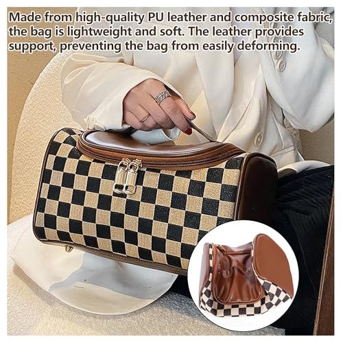 Vintage Makeup Bag for Women Portable Retro Checkered Pattern Cosmetic Organizer Patchwork Style Pillow Storage Pouch Skincare Storage Bag Large Capacity Elegant Handheld Waterproof Handbag (Brown)4