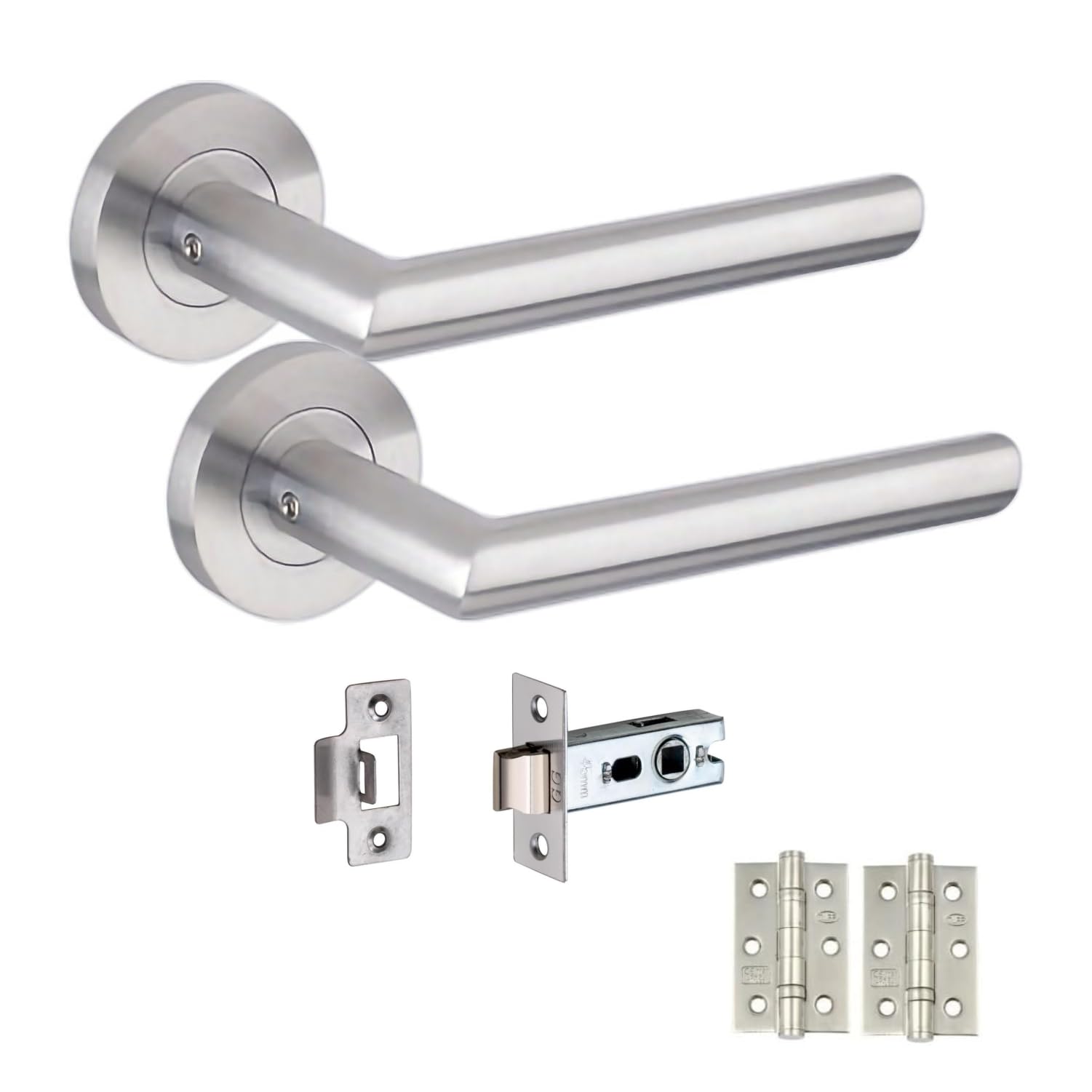 Golden Grace Satin Nickel Finish 1 Pair Of Mitred Design Door Handle On Round Rose Latch Door Handles With 2.5" Tubular Latch And 3" Ball Bearing Hinges With 52Mm Diameter