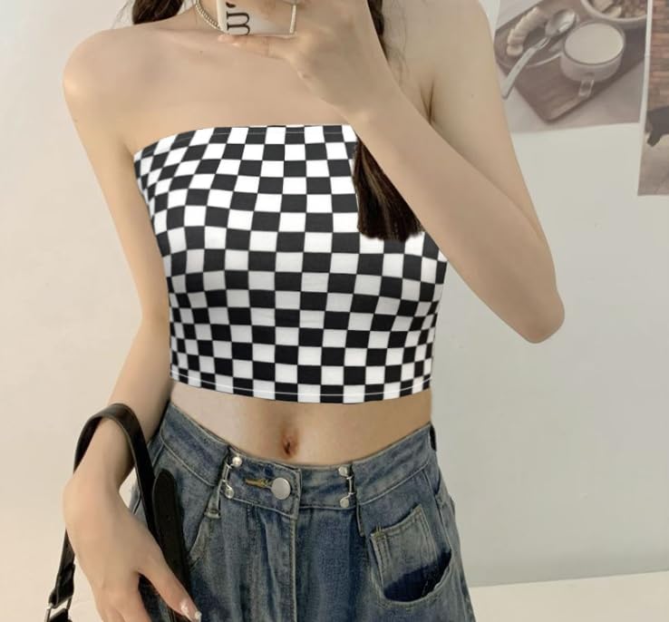 WSPLYSPJY Women's Black and White Plaid Sexy Strapless Tube Top2