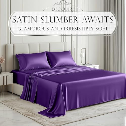 Image of DECOLURE Satin Bed Sheets - 4 Piece Luxury Silky Full Size Bedding Set - Softer Than Silk, Wrinkle-Free with 15 inch Deep Pocket Fitted Sheet, Perfect for Hair & Skin, Gifts for Women (Purple)