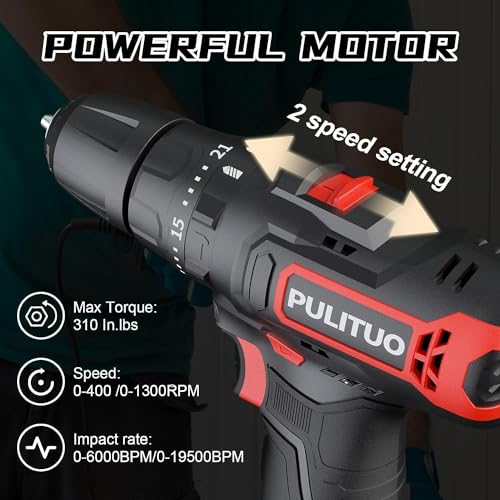PULITUO 12V Cordless Drill and Driver Impact Tool, 35Nm of Torque, 50Pcs Bit Set, Screwdriver and Drill with 3/8" Chuck, Dual Speed 1.5Ah Battery, LED Light for Cement, Concrete, Ceiling, Brick, Wall - Image 4