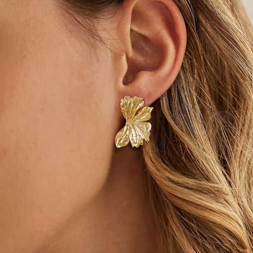 Chunky Gold Earrings for Women,Big Flower Earrings Dainty 14K Gold Plated Dangle Stud Earrings Hypoallergenic Statement Earrings for Women Trendy Chunky Gold Jewelry3