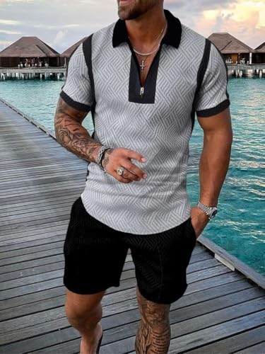 Men's Short Sets Outfits 2 Piece Summer Tracksuit Short Sleeve Zip Polo Shirt and Shorts Set Casual Beach Outfits2