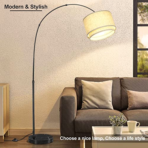 Contemporary Arc Floor Lamp For Living Room, Modern Adjustable Floor Standing Lamp Marble Base, Over The Couch Hanging Arching Tall Stand Up Light For Bedroom Office, Cream Double Drum Fabric Shade #TOP5